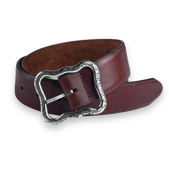 VINTAGE FLORAL ETCHED BUCKLE BROWN TOOLED LEATHER BELT WESTERN BOHO RODEO HIPPIE main image 11